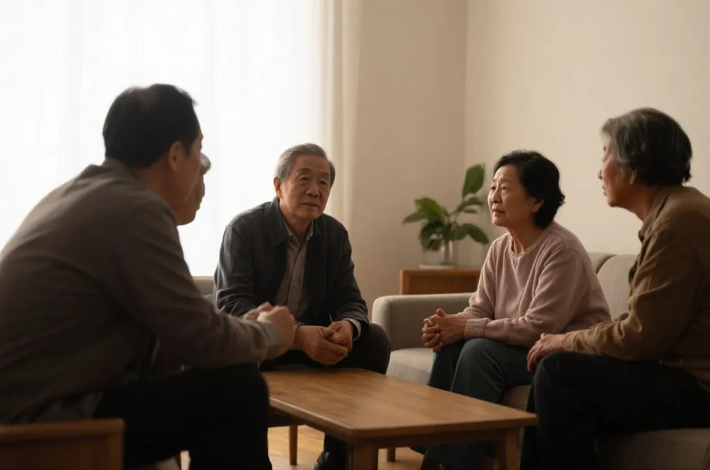 多位家属讨论老人的生活安排，场面理性但氛围紧张